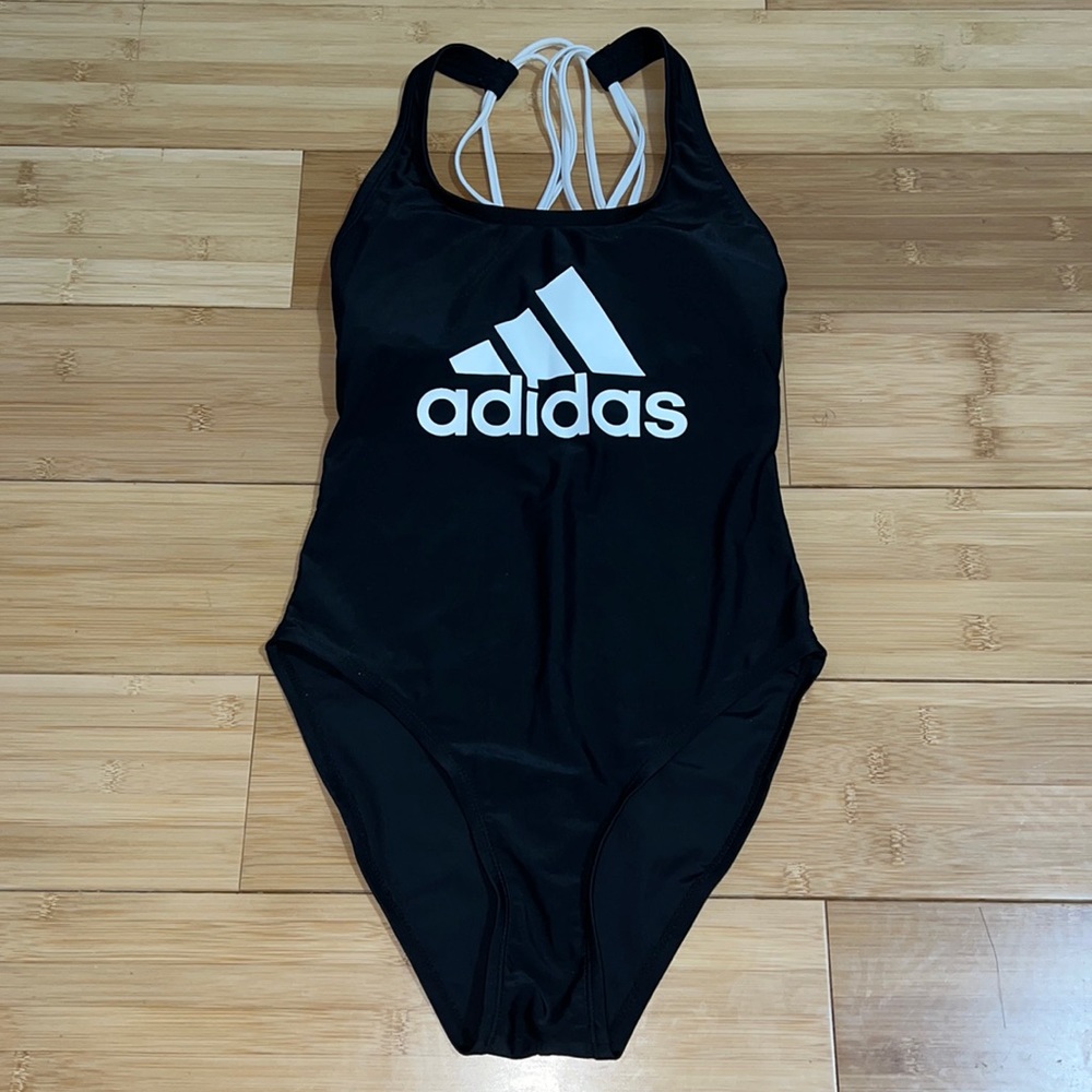 Adidas black bathing suit with white detail